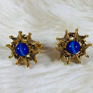 Vintage Gold-tone Maltese military cross Blue Cats eye Mens Cuff Links SWANK